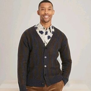 Houston White x Target Men's Cardigan Button Up Knit Navy And Brown Grandpa Sz L